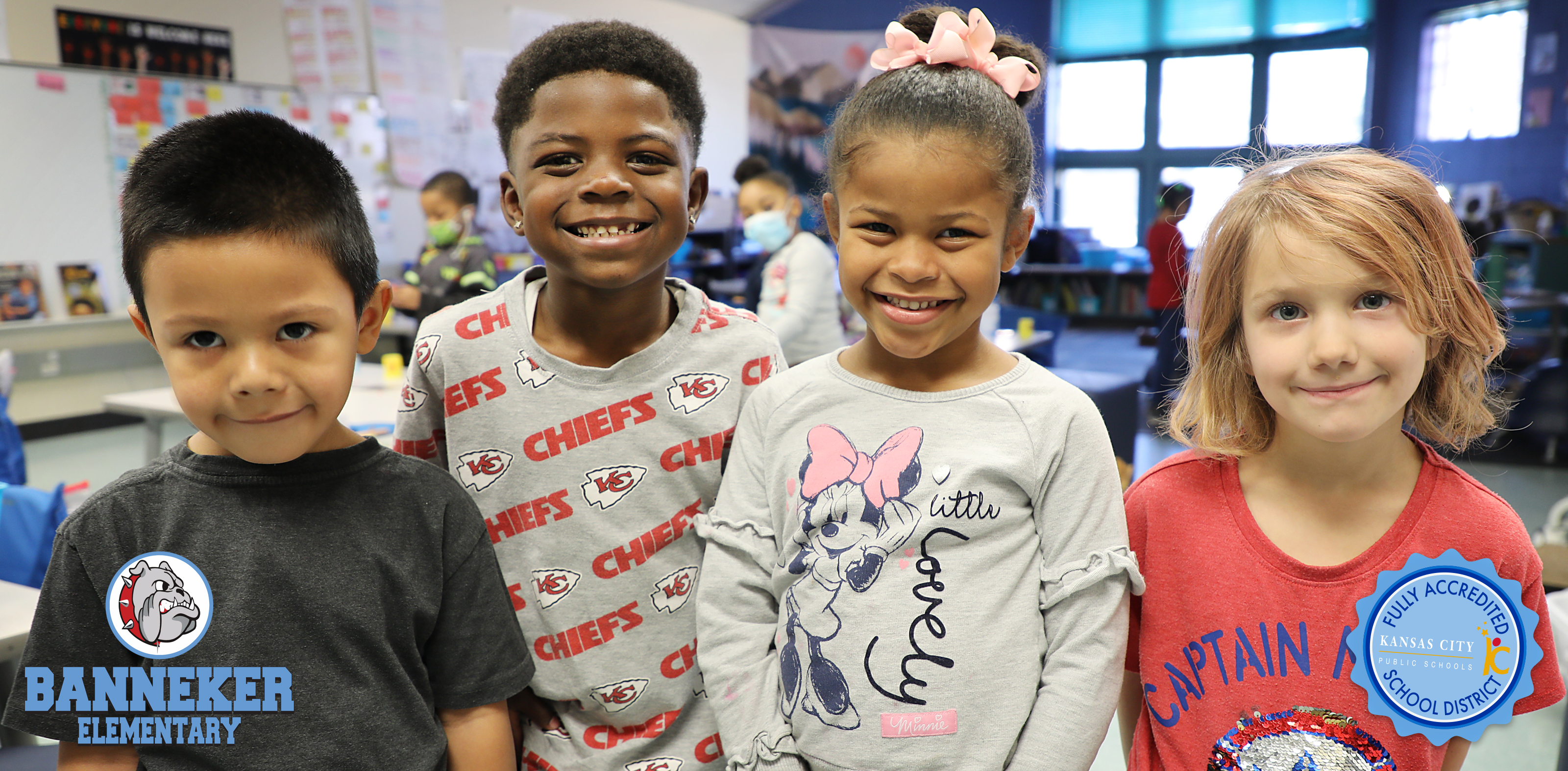 Happy Banneker kids with tagline Nurturing Leaders, one student at a time.