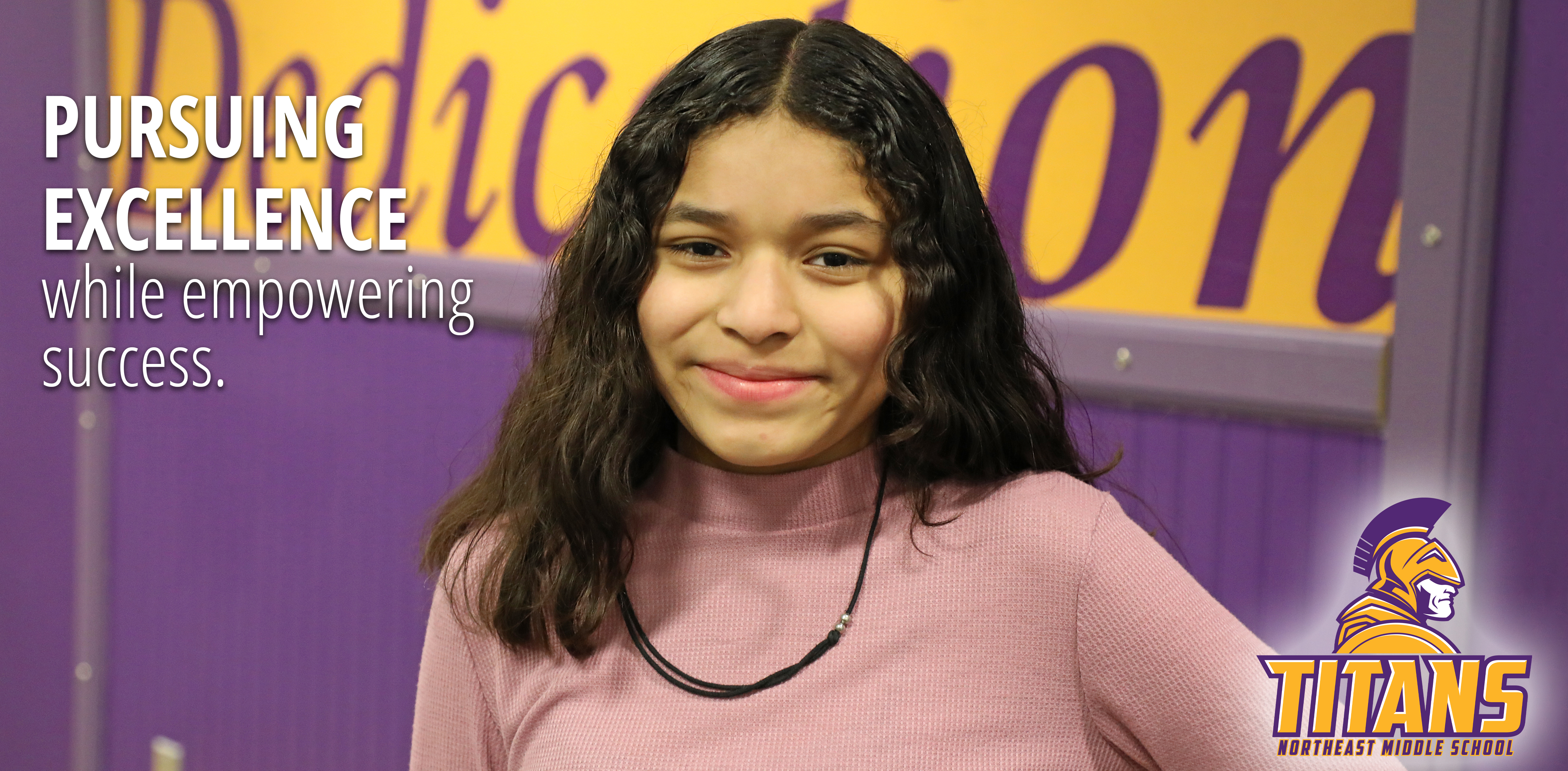 Happy northeast middle kid with Northeast Middle Logo and tagline pursuing excellence while empowering success
